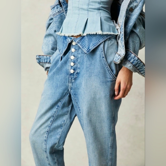 We The Free Noah Foldover Harem Jeans Railroad Stripes Paper Bag - Picture 2 of 13